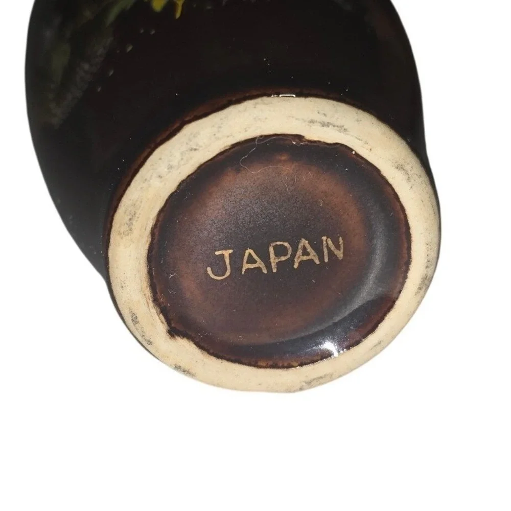 Vintage Japan‎ Peacock Floral Brown Glazed Ceramic Bud Vase Gold Gilt 4.75 Inch